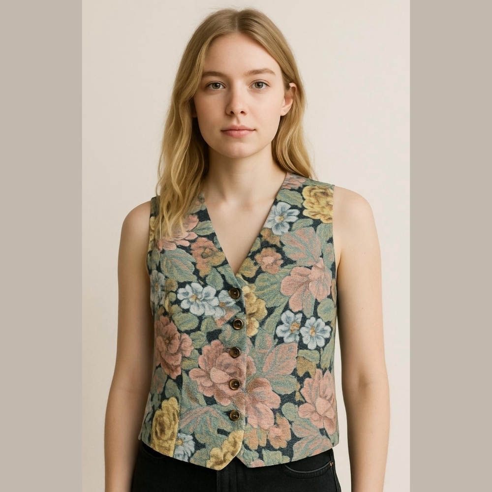 NWOT 80s Vintage Floral Tapestry Vest Silver Front Buttons Mint Condition!
